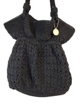 Lina Black Crochet Shoulder Bag Woven Boho Handbag Braided Straps Logo Charm